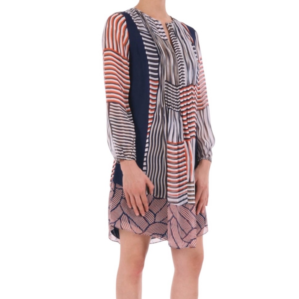 Diane Von Furstenberg Navy Tan Striped Silk Long Sleeve Dress 4